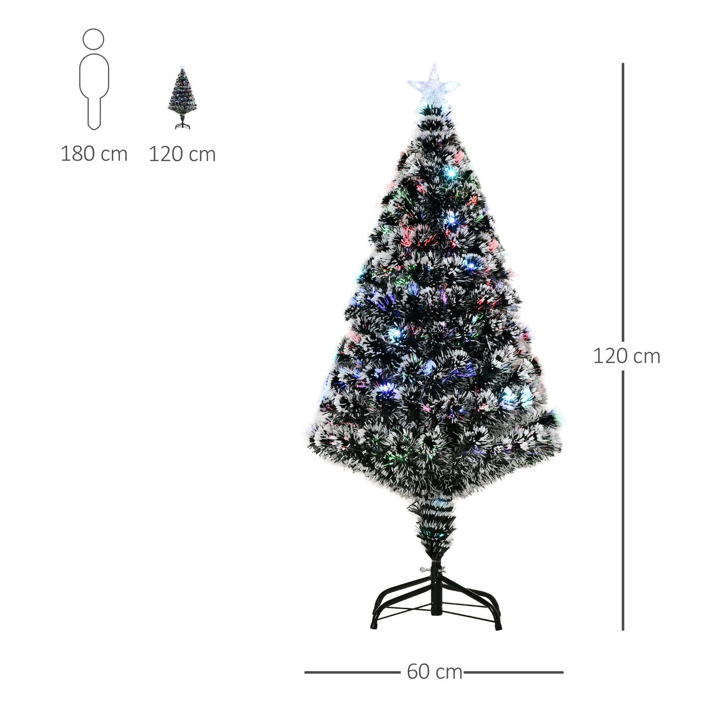 4ft Artificial Prelit Christmas Tree, Snow Xmas Tree with Colourful LED Lighting Fiber Optics, Green White