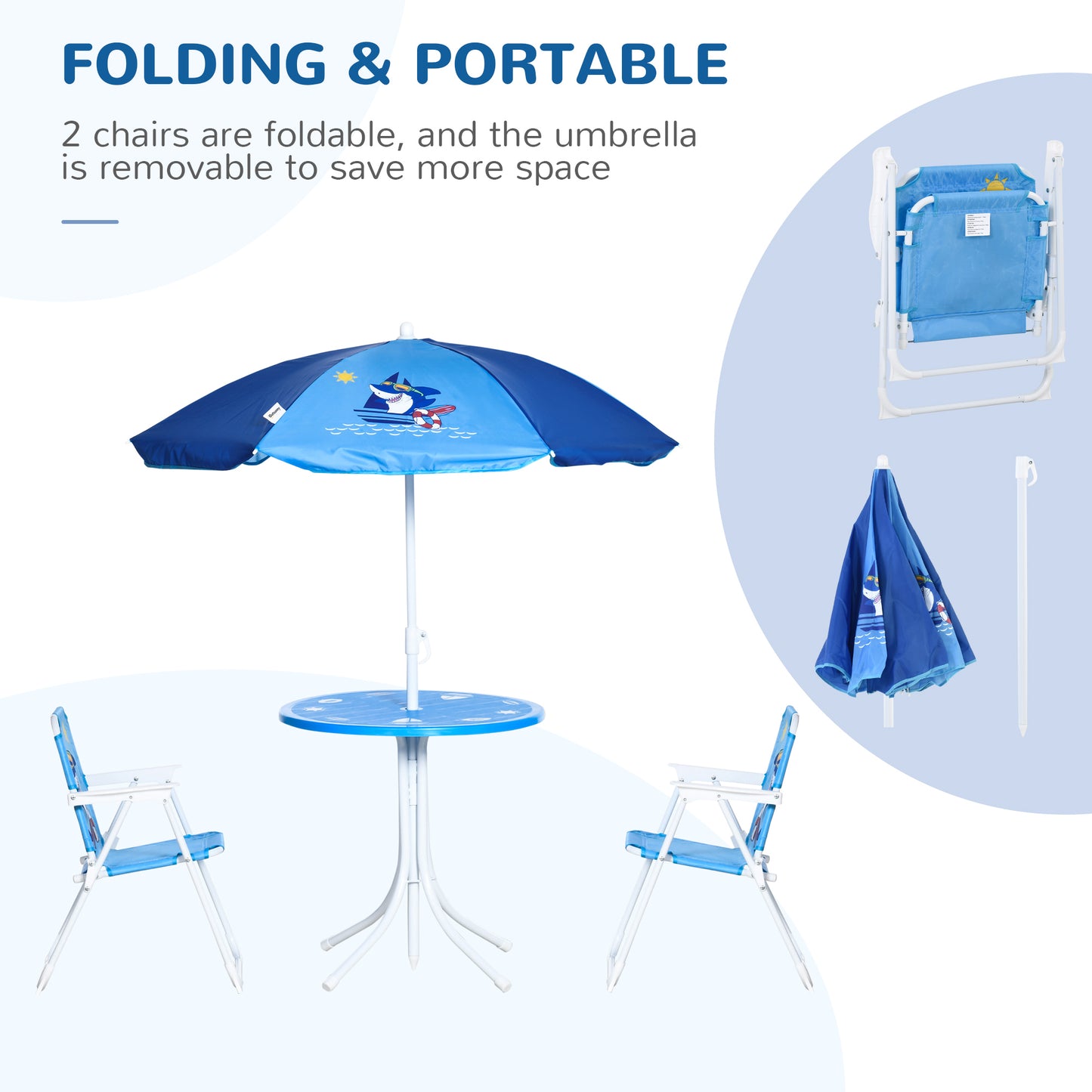 Kids Outdoor Bistro Table and Chair Set, Folding Garden Furniture w/ Shark Design, Removable, Adjustable Sun Umbrella