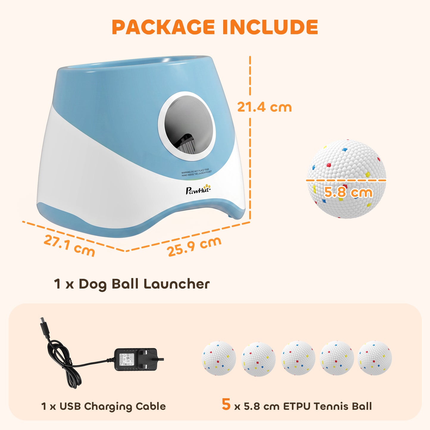Automatic Dog Ball Launcher with 5 ETPU Balls 5.8 cm, 3 Distance Settings 6/10/14 m, Blue