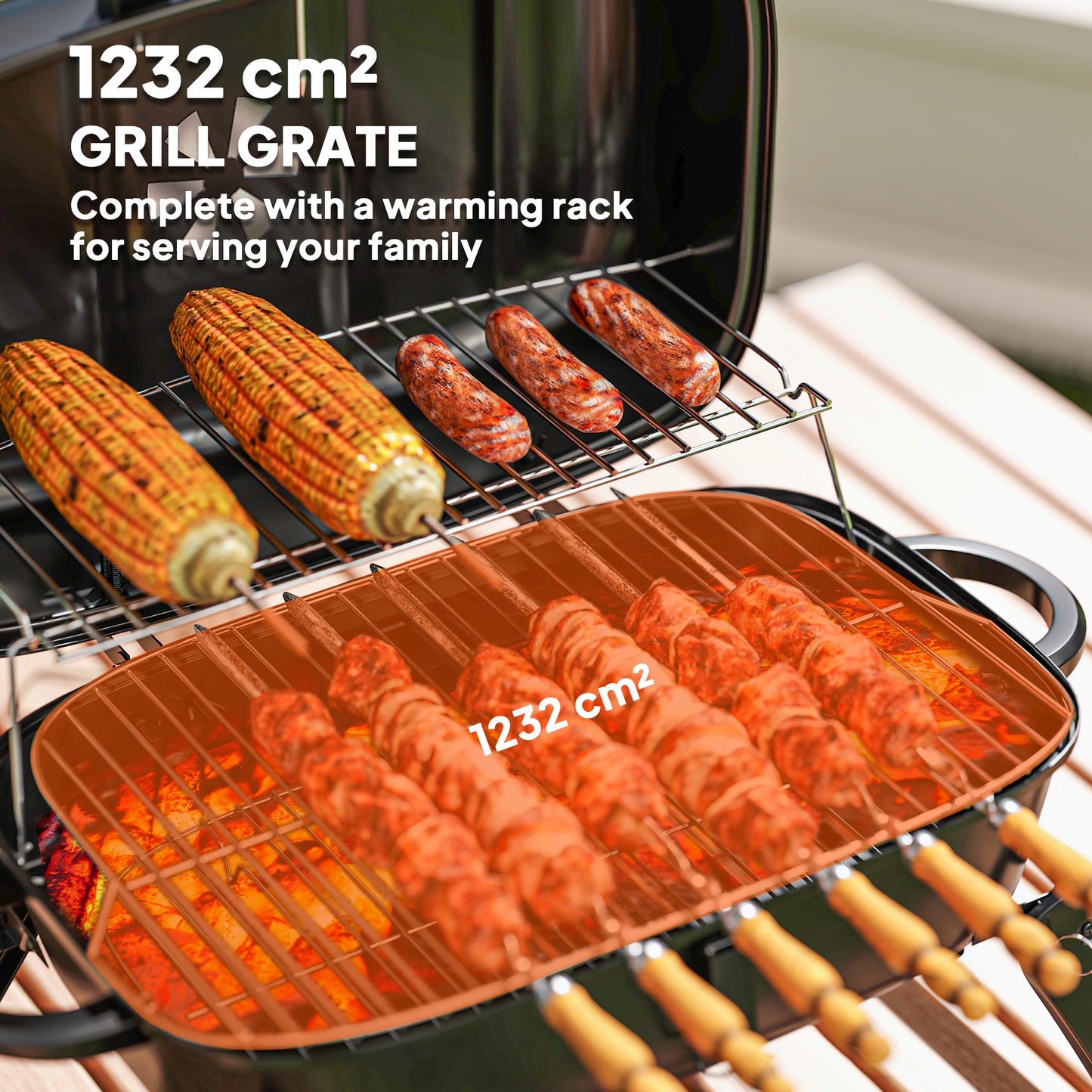 Charcoal Barbecue Grill Folding Portable BBQ Grill for Camping with 1232 cm² Cooking Area, Adjustable Vent, Thermometer