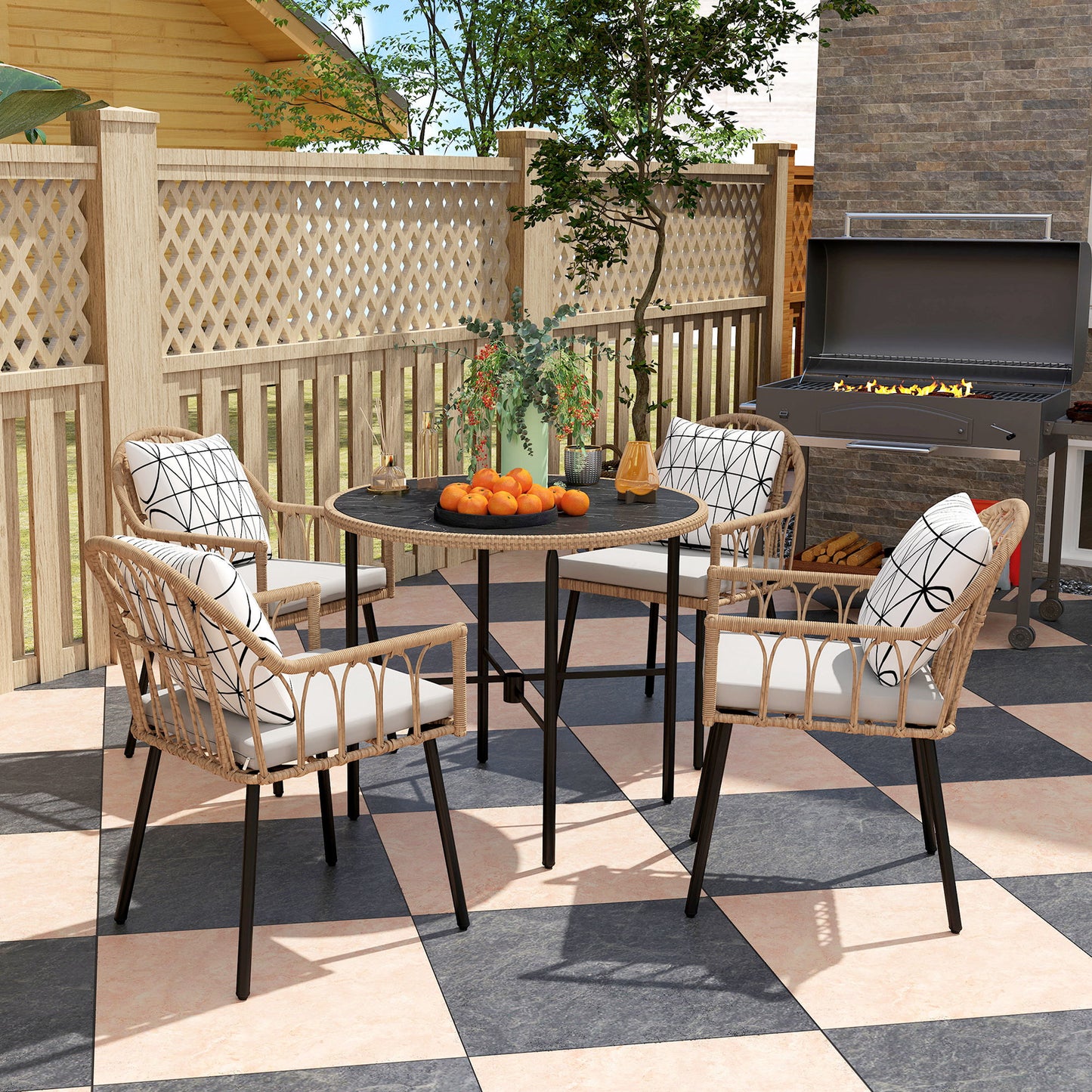 5 Piece Patio Rattan Dining Set, Wicker Garden Table and Chairs w/ Removable Seat & Back Cushions
