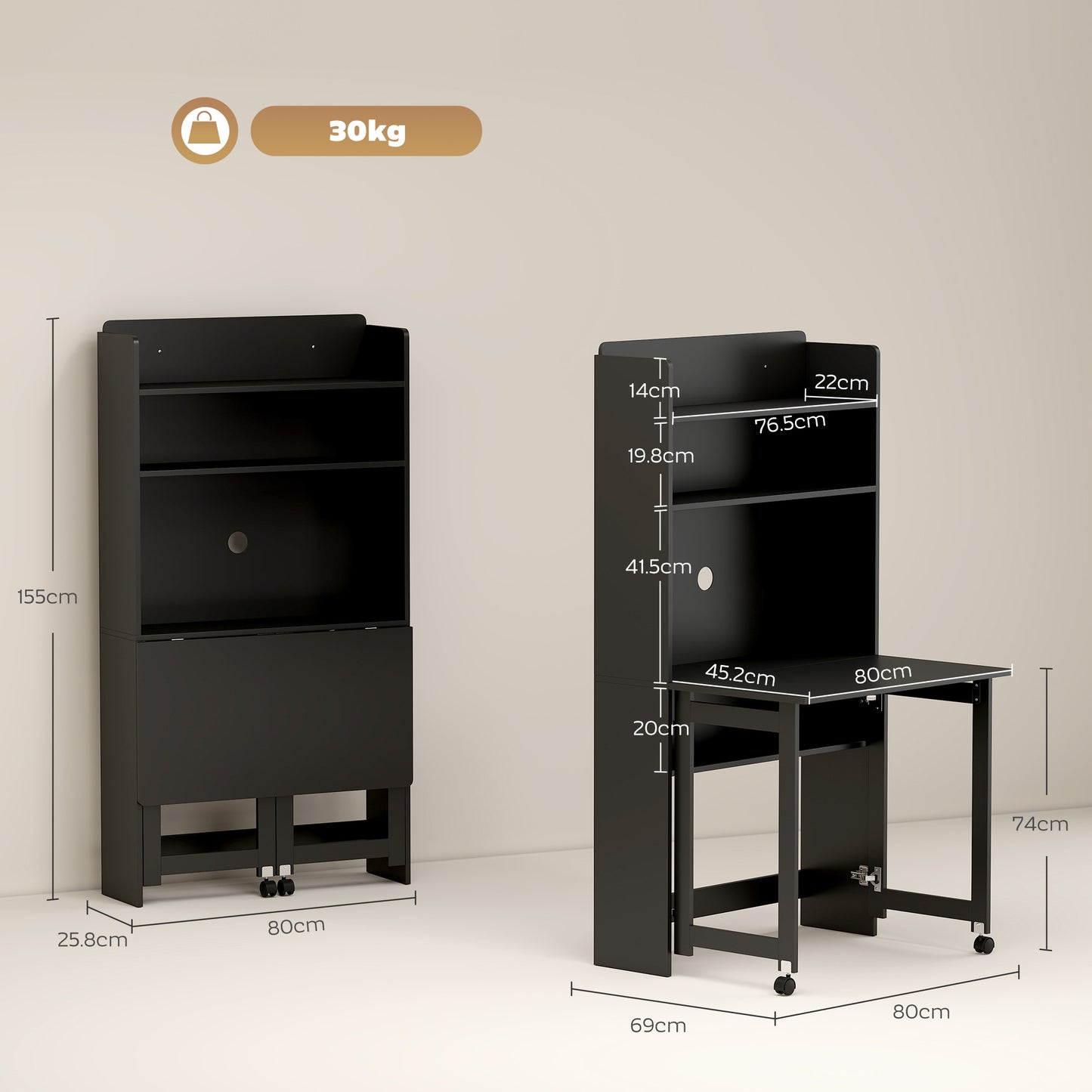 Foldable Desktop, Computer Desk with Storage Shelves, 80 x 69 x 155 cm, Black