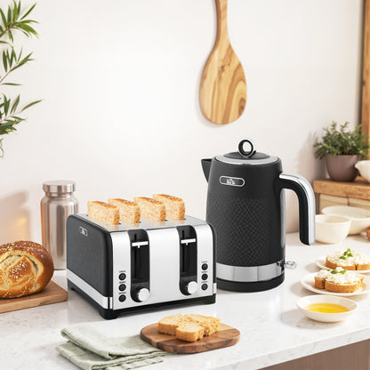 Sleek Textured Kettle and Four-Slice Toaster Set - Black