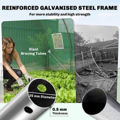 3 x 4 m Walk-in Polytunnel Greenhouse with Hinged Door and 8 Roll Up Mesh Windows, Garden Tunnel Warm House Tent, Green