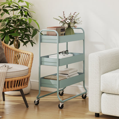 3-Tier Storage Trolley on Wheels, Rolling Utility Cart with Mesh Backets for Kitchen, Bathroom, Bedroom, Light Green