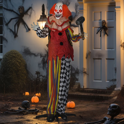 173 cm Life Size Halloween Animated Standing Clown & Hammer with Red Light Up Eyes, Sound Activated Moving Arms & Head