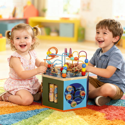 Wooden Activity Cube, Baby Toys with Bead Maze, Pattern Sorter for Toddlers Boys and Girls 18+ Months
