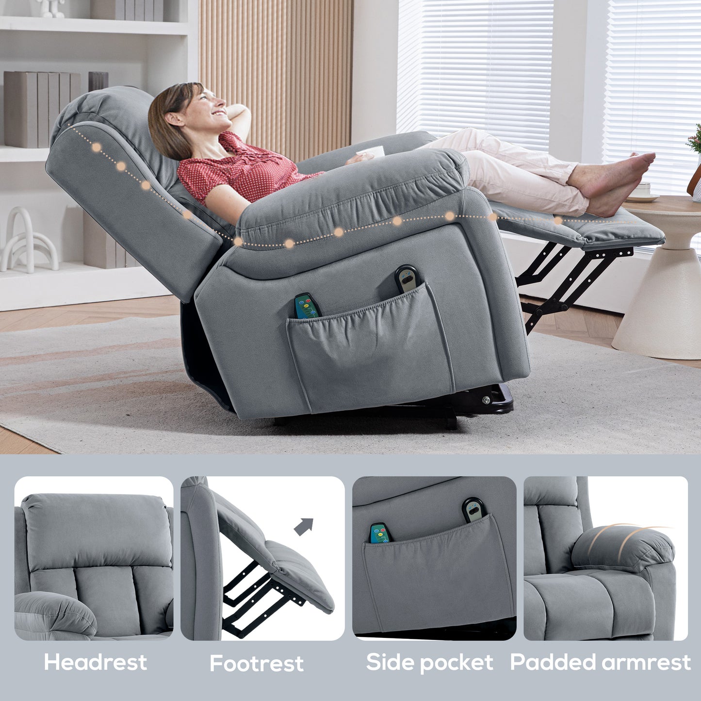Eight-Point Massage Lift Chair, with Remote - Grey