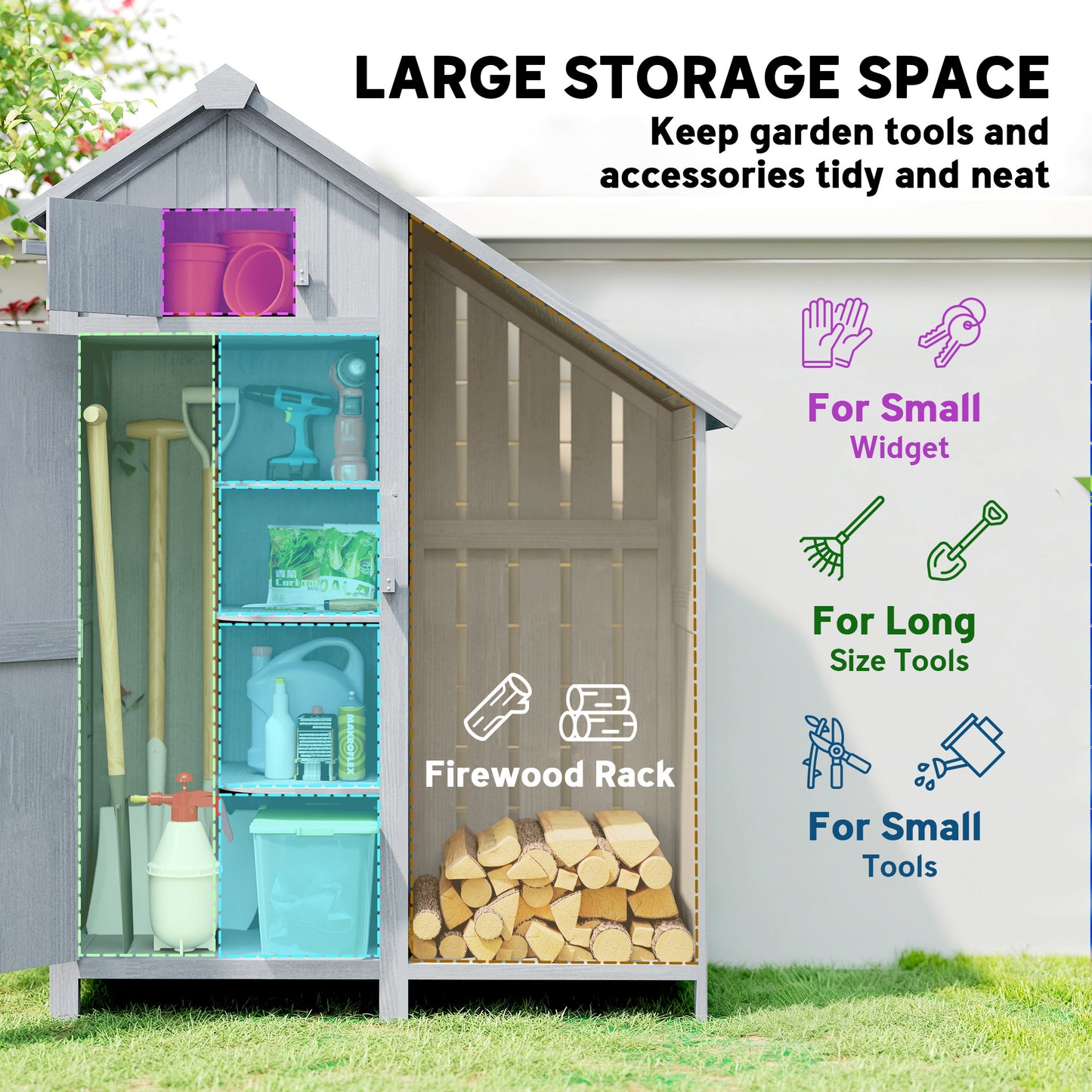 Garden Outdoor Storage Shed 3 Shelves Tilt Roof w/ Firewood Rack Log Carrier, 129L x 51.5W x 180H cm