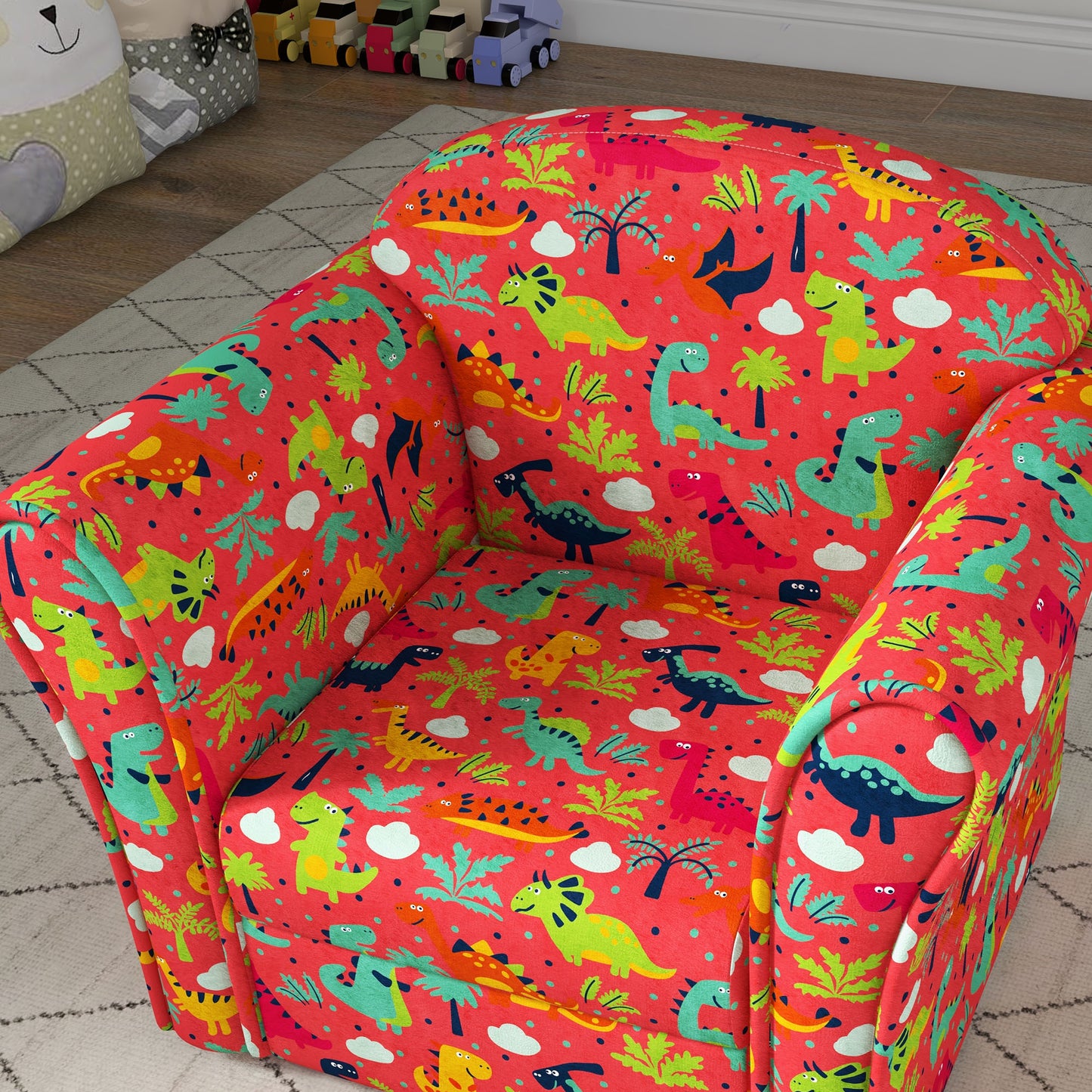 Kids Armchair with Dinosaur Design, Wooden Frame, for Bedroom, Playroom, Kids Room - Red