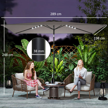 3 x 2 m Garden Parasol Umbrella with LED Solar Light, Parasol Cover, Outdoor Market Patio Umbrella, Dark Grey