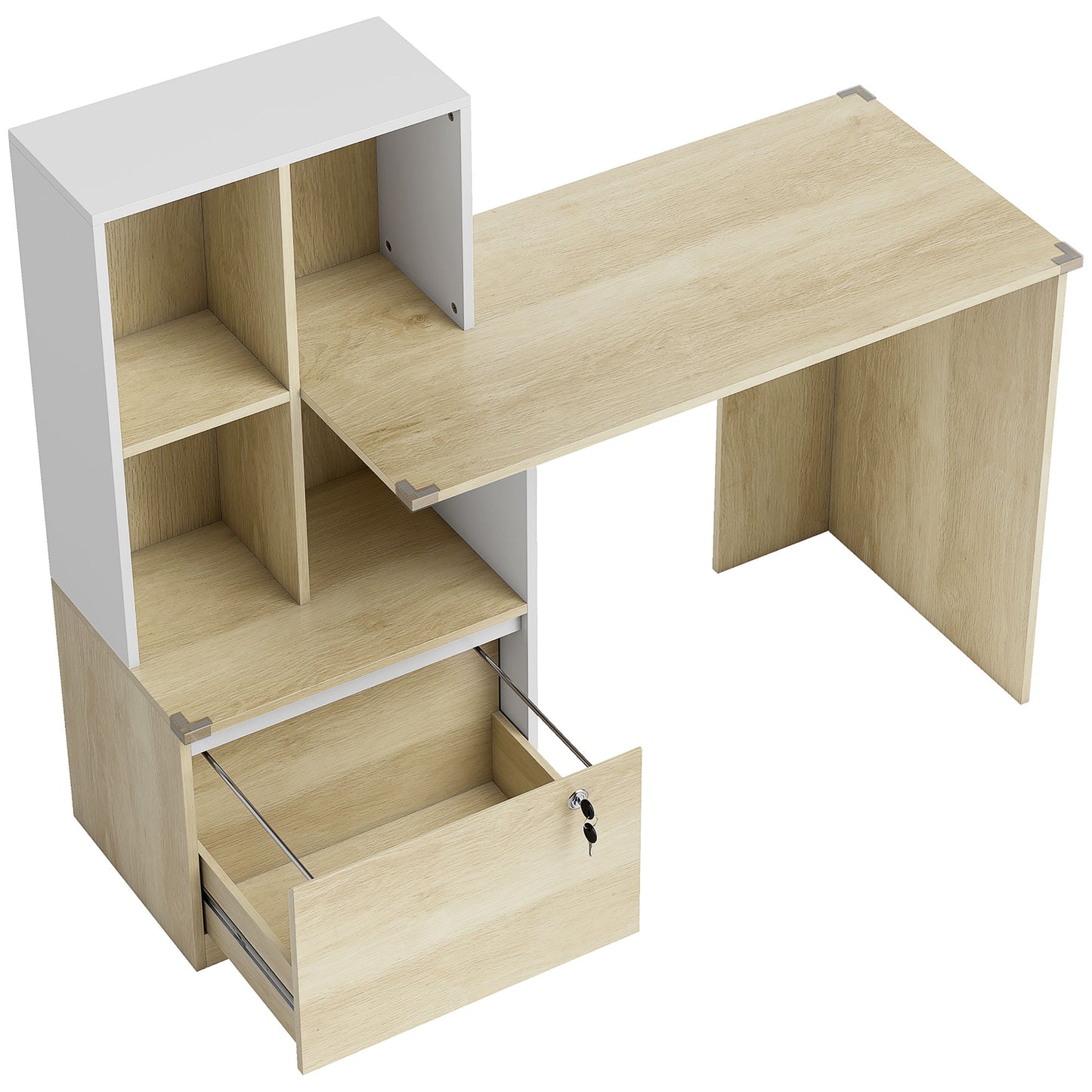 Computer Desk, Office Desk with Bookshelf, File Drawer and Legal Hanging File Holders, Oak Wood Effect
