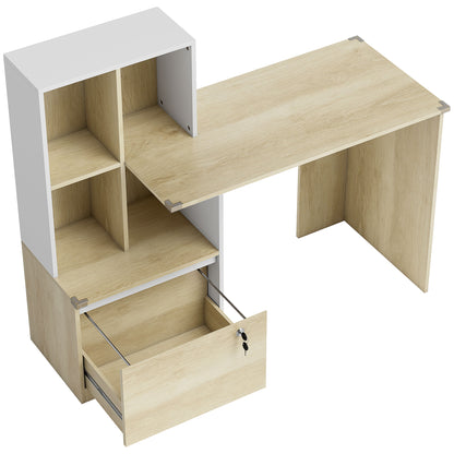 Computer Desk, Office Desk with Bookshelf, File Drawer and Legal Hanging File Holders, Oak Wood Effect