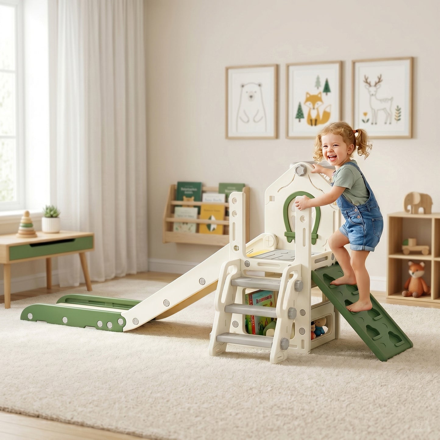 Foldable 5 in 1 Toddler Slide with Ladder, Climbing Wall, Basketball Hoop, Storage and Basketball for 1-3 Years, Cream