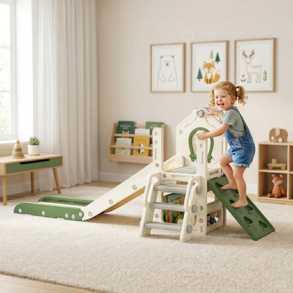 Foldable 5 in 1 Toddler Slide with Ladder, Climbing Wall, Basketball Hoop, Storage and Basketball for 1-3 Years, Cream