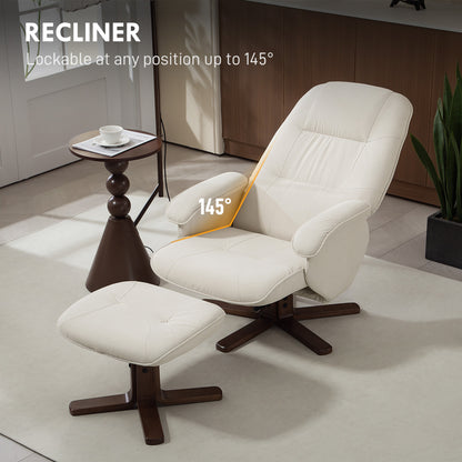 Linen Swivel Recliner Chair with Footstool, Upholstered Reclining Armchair with Wooden Base for Living Room, Beige