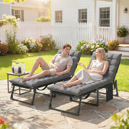 Folding Sun Loungers for Garden Set of 2, 5-Position Oversized Camping Bed Recliner with Cushions, Dark Grey