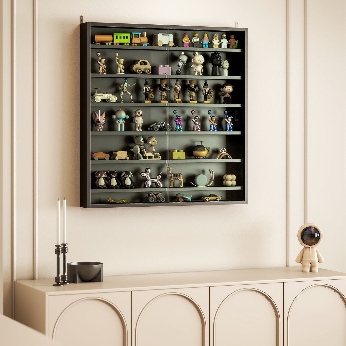 Six Shelf Display Cabinet, with Glass Doors - Black