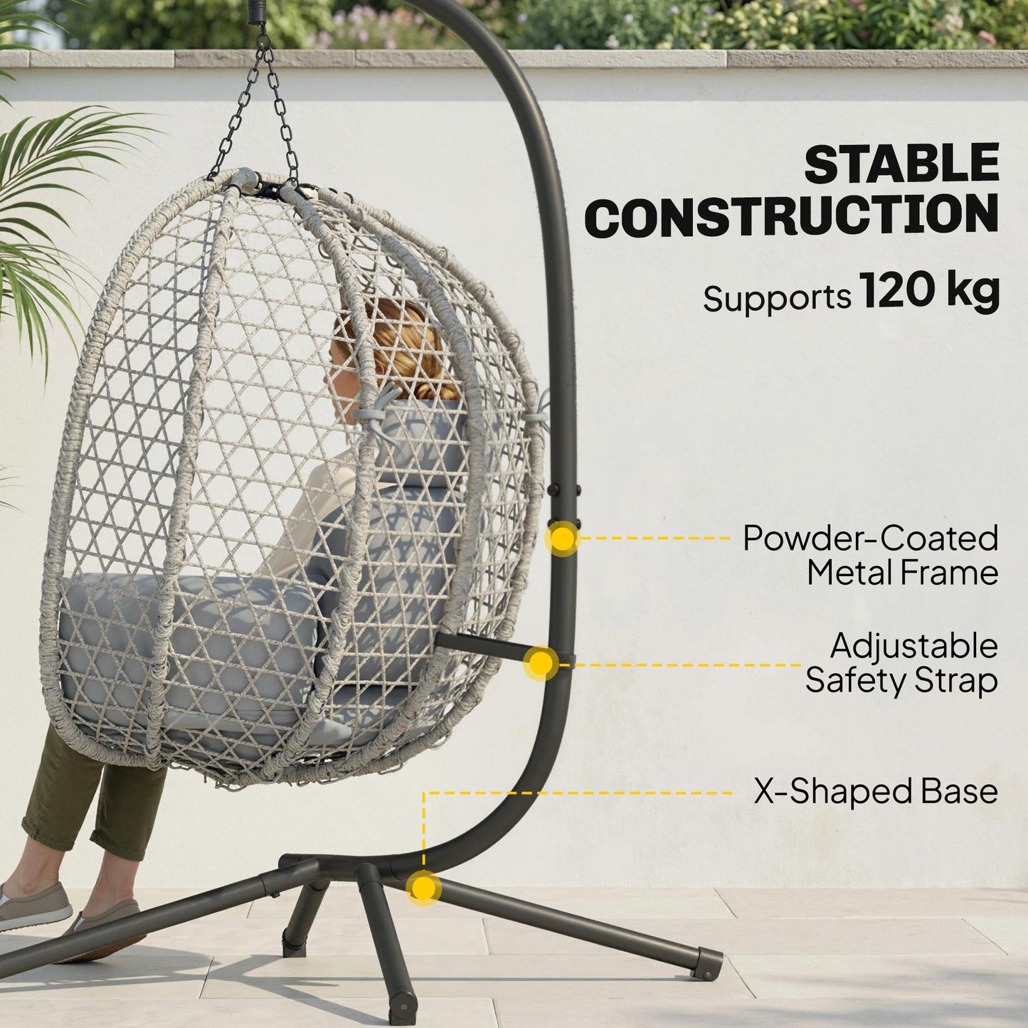Hanging Egg Chair, Indoor Outdoor Rattan Hammock Swing Chair with Stand, Safety Strap, Foldable Basket, Light Grey