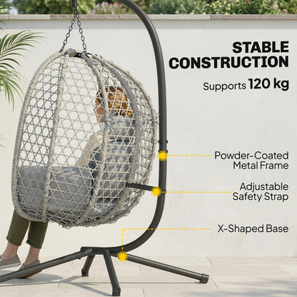 Hanging Egg Chair, Indoor Outdoor Rattan Hammock Swing Chair with Stand, Safety Strap, Foldable Basket, Light Grey