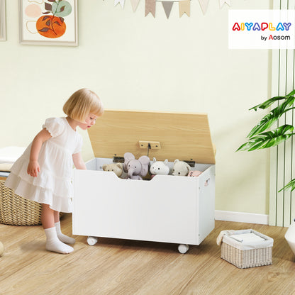 Toy Box with Lid, Toy Chest with Wheels and Safety Hinges, Toddler Storage Organiser for Playroom, Bedroom, White