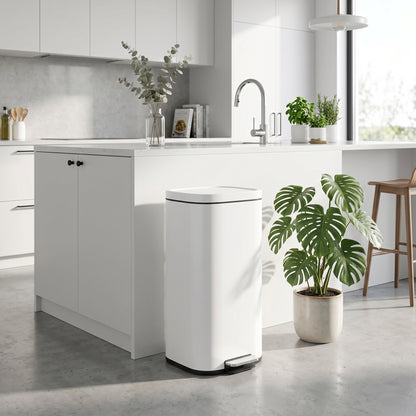 30L Kitchen Bin, Compact Pedal Bin with Soft-Close and Stay-Open Lid, Removable Bucket for Kitchen, Home, Office, White