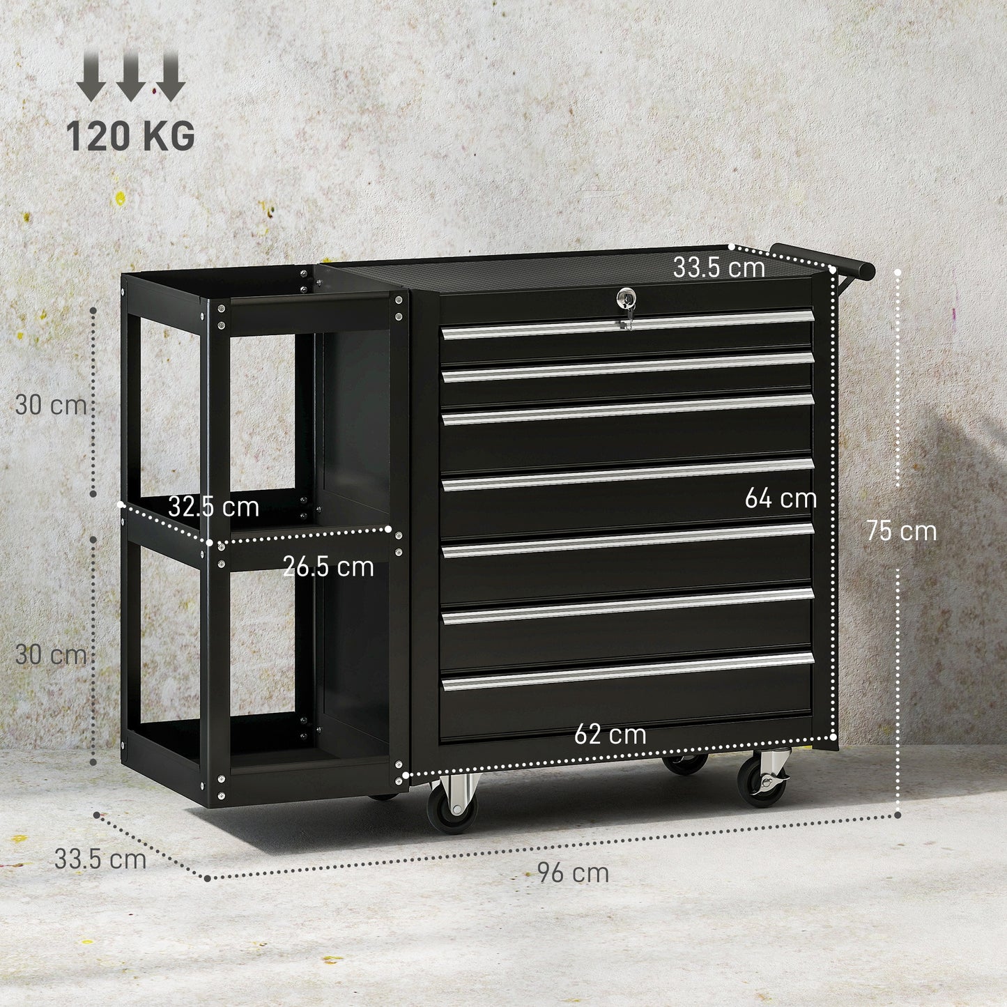 Lockable Steel Tool Chest on Wheels, 7 Drawer Tool Box with Handle for Workshop, Garage, Black