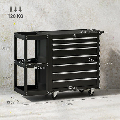 Lockable Steel Tool Chest on Wheels, 7 Drawer Tool Box with Handle for Workshop, Garage, Black