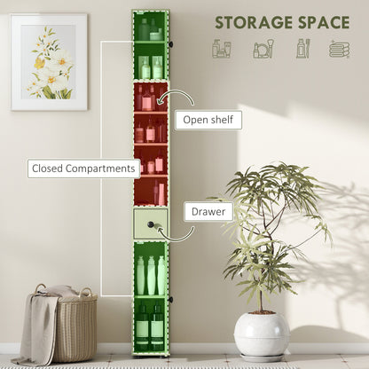 180cm Slim Bathroom Cabinet, with Drawer, Shelves and Cupboards - Green