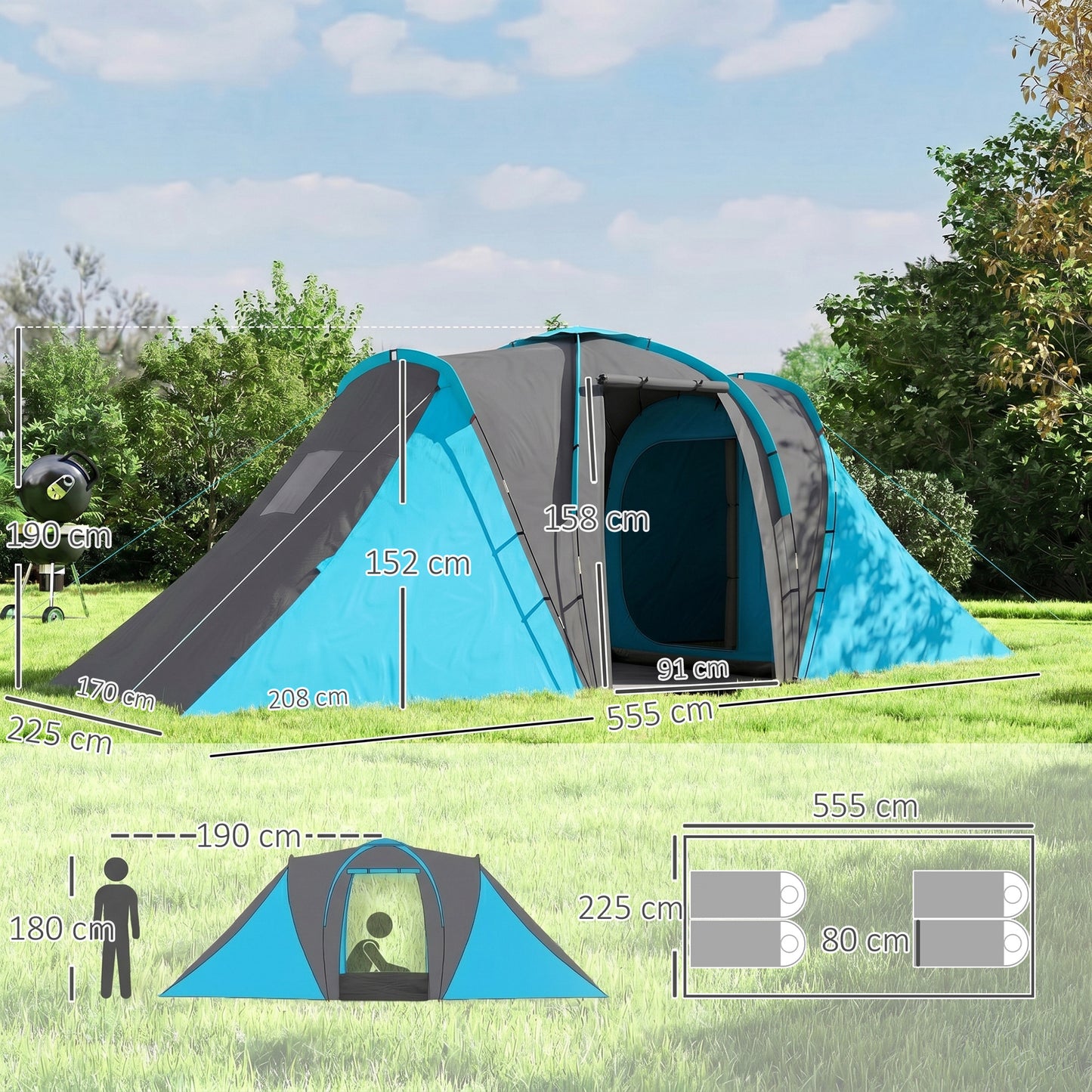 Large Camping Tent Tunnel Tent with 2 Bedroom and Living Area, 2000mm Waterproof, Portable with Bag for 4 Man, Blue