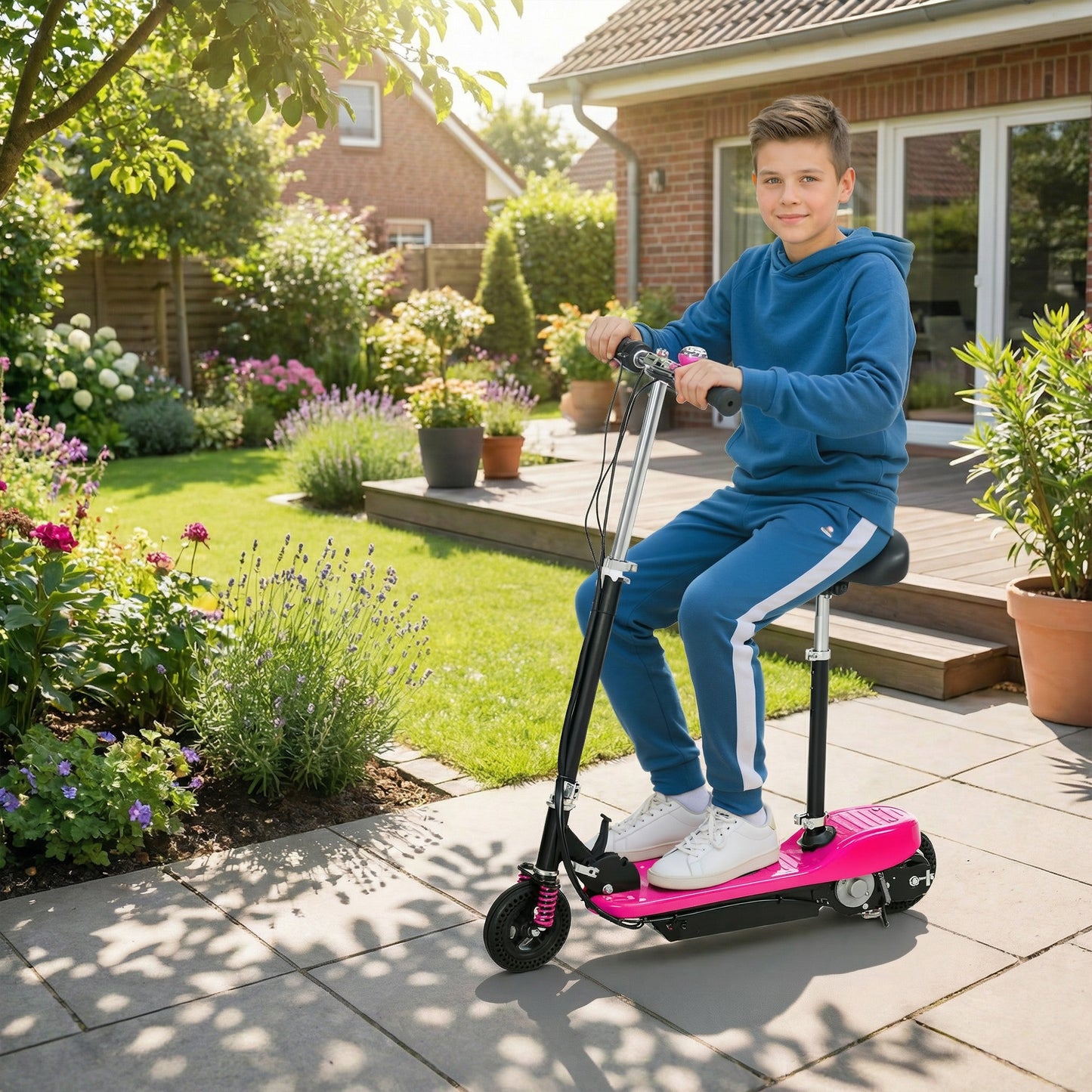 Steel Ride on Powered Scooter, Folding E-Scooter with Warning Bell, 15km/h Maximum Speed, for 6-14 Years Old, Pink