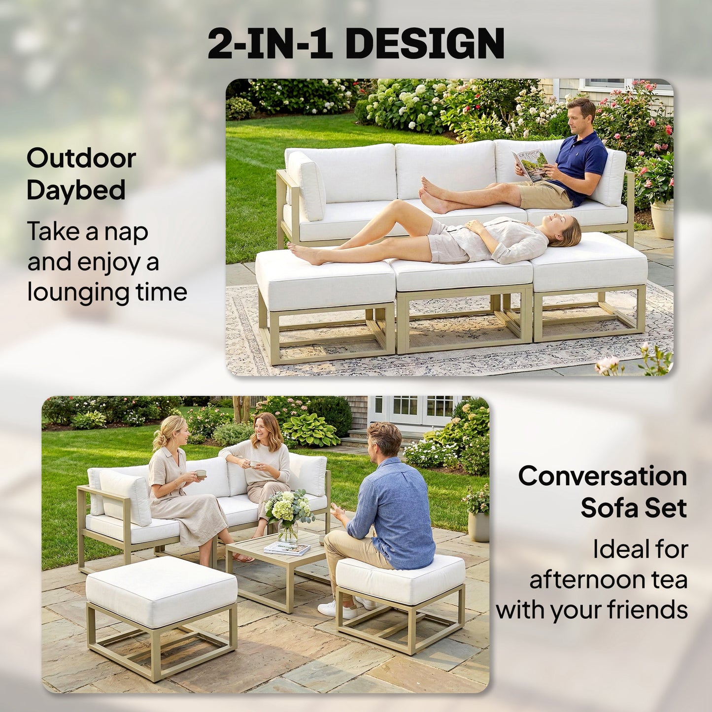 Garden Daybed, 6 Piece Outdoor Sectional Sofa Set, Aluminium Patio Conversation Furniture Set with Coffee Table