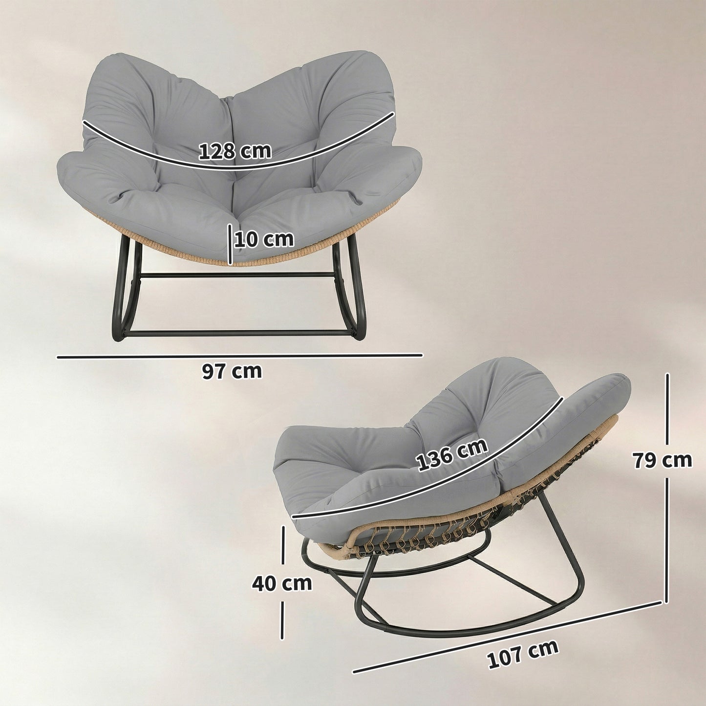 Indoor Outdoor Rocking Chair, Oversized Rocking Egg Chair with Cushion for Living Room, Garden, Patio, Light Grey