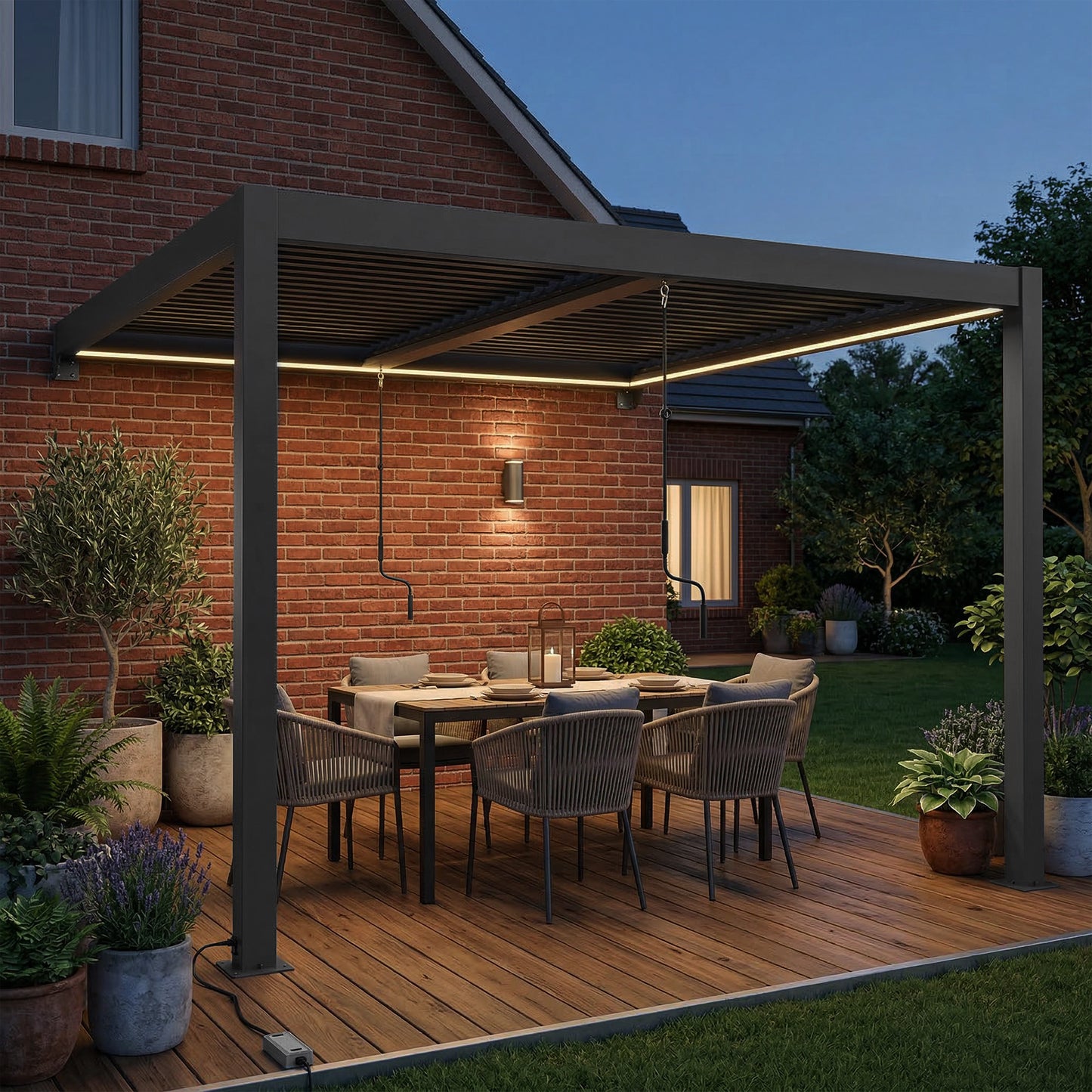 3 x 3 m Louvered Pergola with LED Lights, Metal Louvres, Wall Mounted Aluminium Patio Gazebo Pergola, Dark Grey