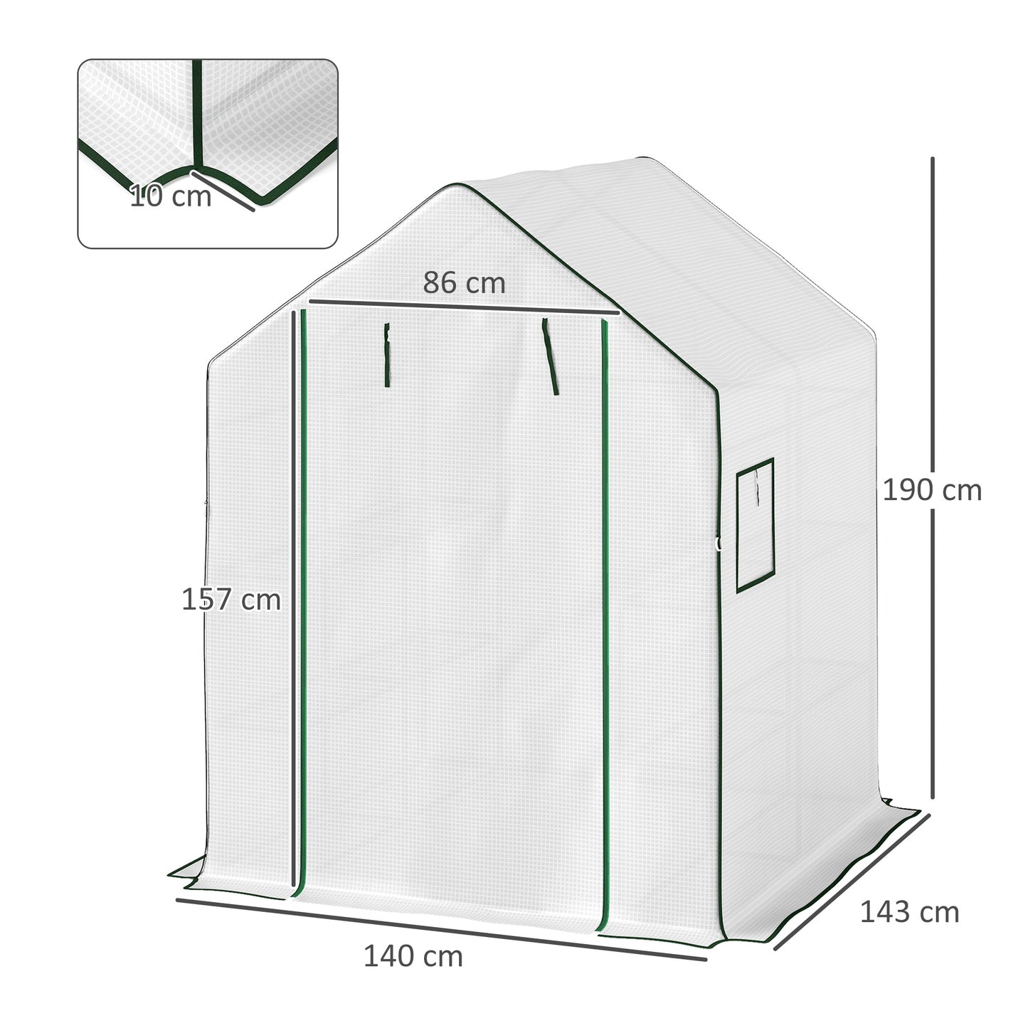 143 x 140cm Walk-In Greenhouse, with Accessories - White