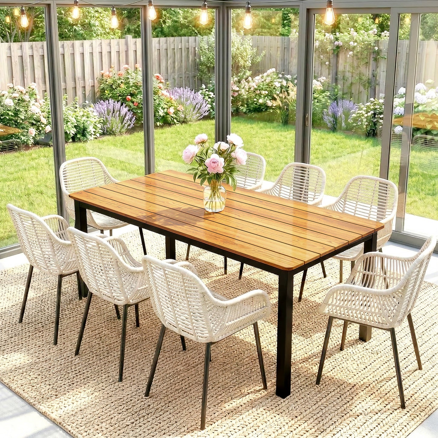 Garden Dining Table for 6-8 Person, 180 x 86 cm Rectangular Outdoor Dining Table with Wood Slatted Top, Teak
