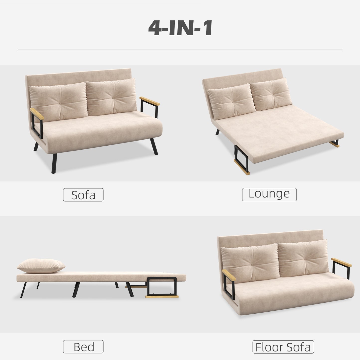 4-in-1 Velvet-Feel Double Sofa Bed, with Pillows - Beige