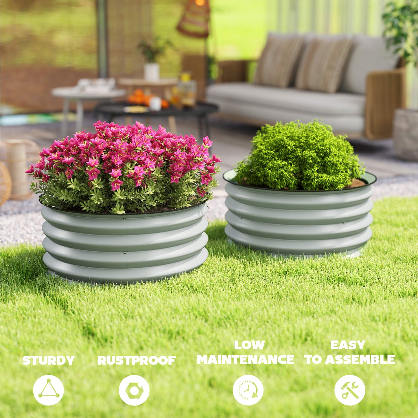 Set of 2 Raised Garden Bed, Metal Planter Box with Safety Edging, Easy-to-assemble Stock Tank, Green