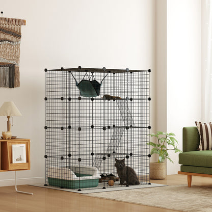 Four-Tier DIY Large Cat Cage with Hammock, Ramps, Five Doors, Indoor Use for 1-3 Cats, Black