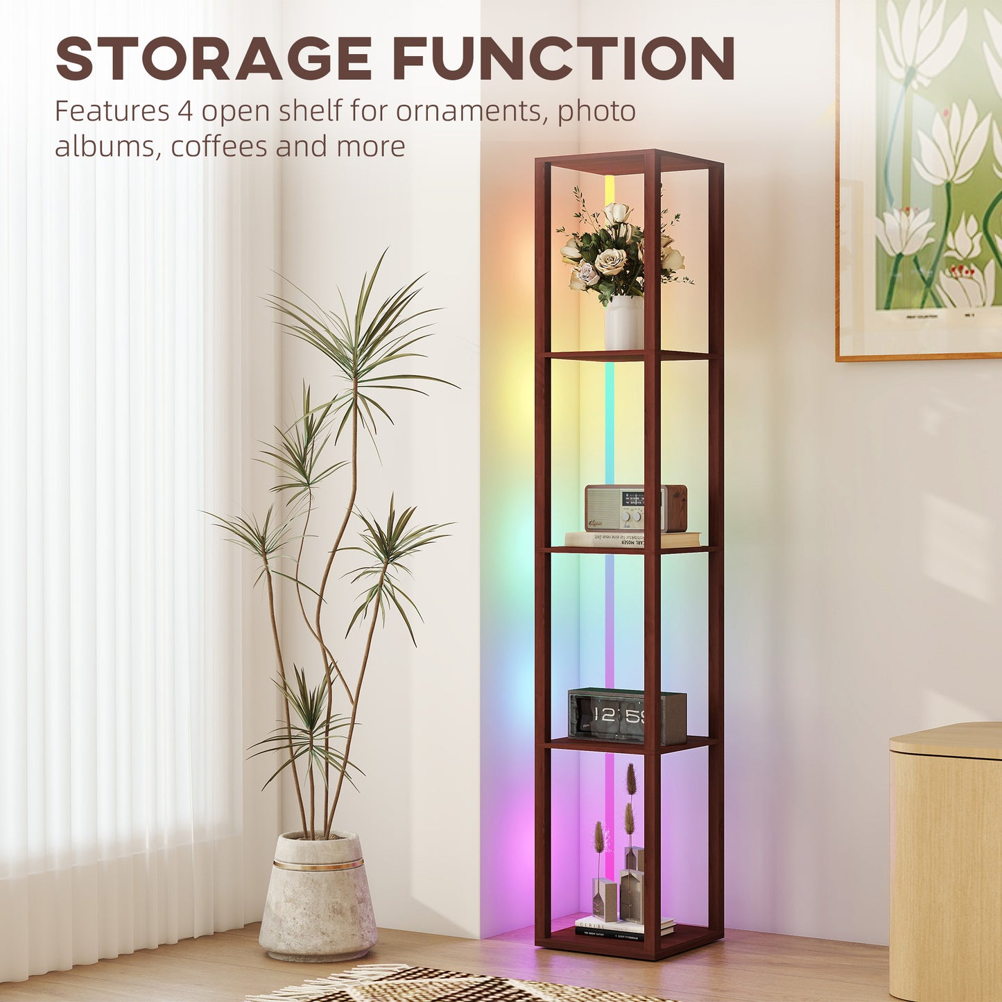 RGB LED Floor Lamp with Shelves, Modern Dimmable Standing Lamp with Remote Control