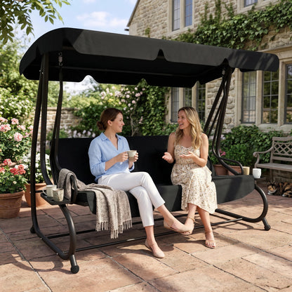 Three-Person garden Swing Chair, with Adjustable Canopy - Black