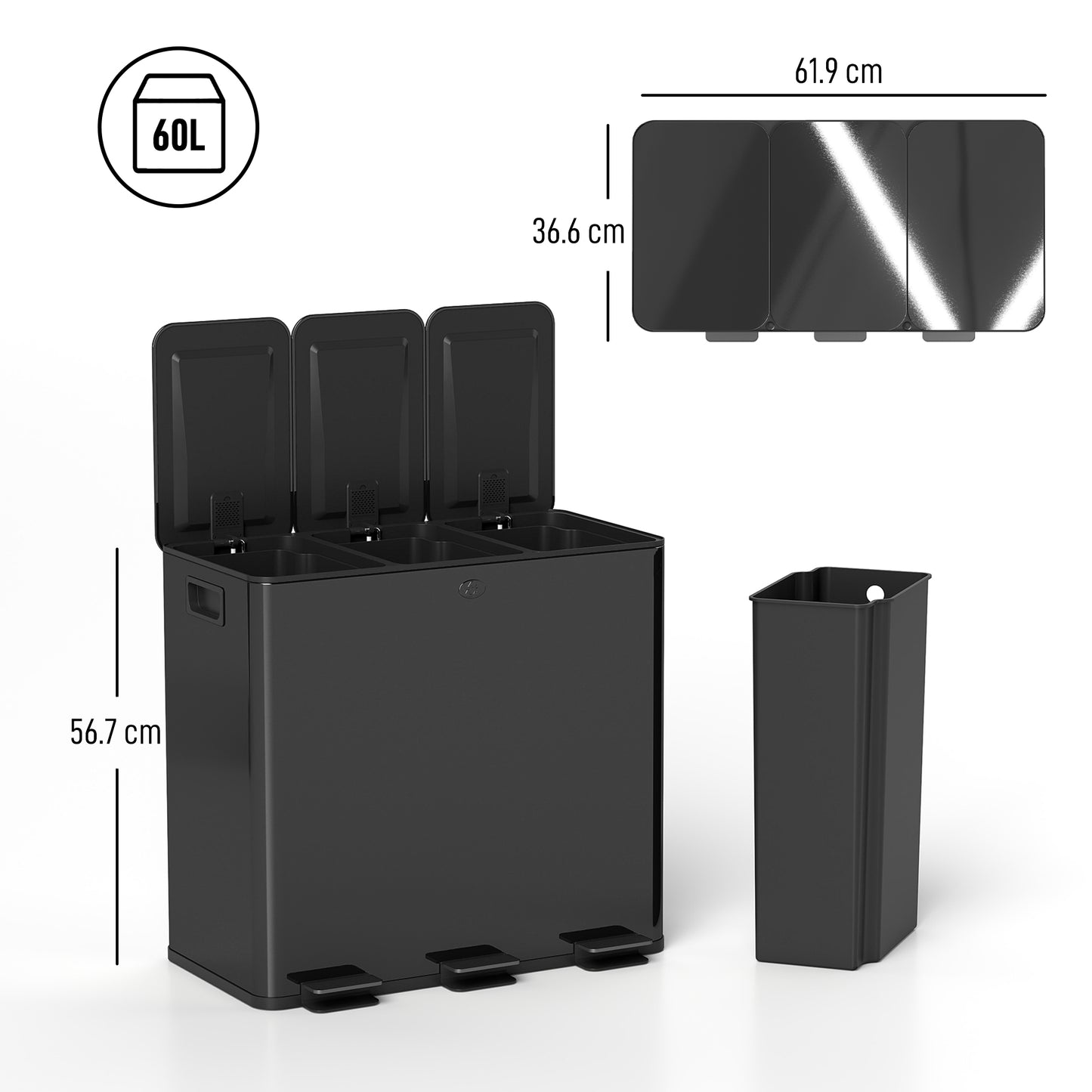 3 x 20L Pedal Bin, Steel Triple Kitchen Bin with Soft Close Lid, Removable Inner Buckets, Fingerprint-Proof, Black