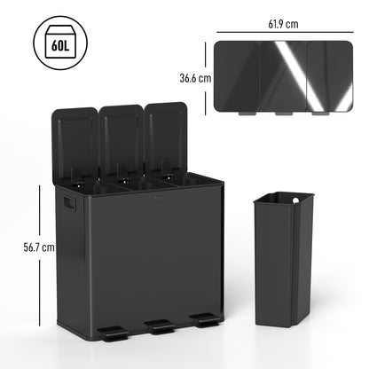 3 x 20L Pedal Bin, Steel Triple Kitchen Bin with Soft Close Lid, Removable Inner Buckets, Fingerprint-Proof, Black