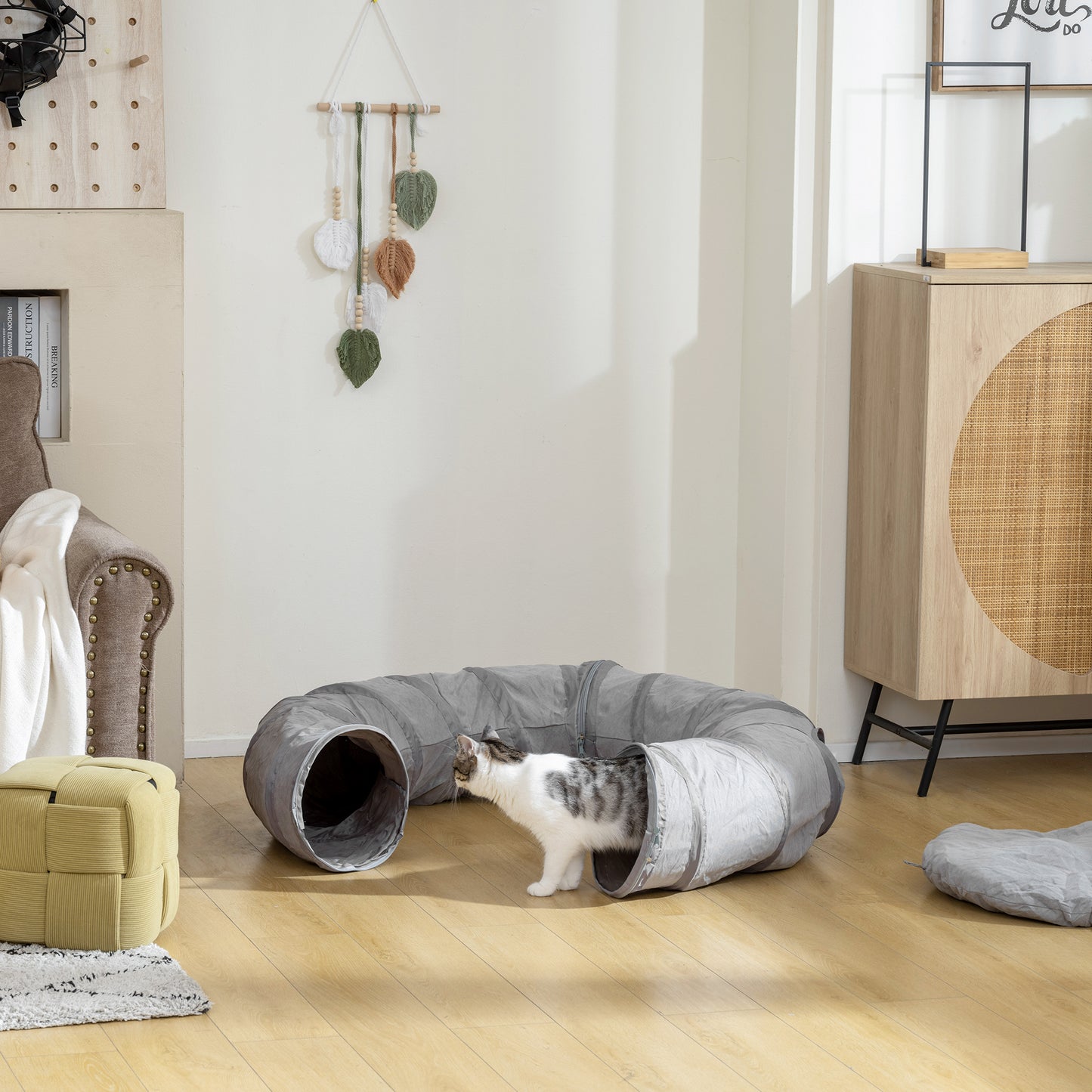 2 in 1 Cat Tunnel with Bed, Cat Play Tunnel with Ball & Peek Hole for Indoor Cats, Grey