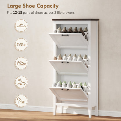 Shoe Cabinet with 3 Flip Drawers, Farmhouse Narrow Shoe Storage Cabinet with Adjustable Shelves, White