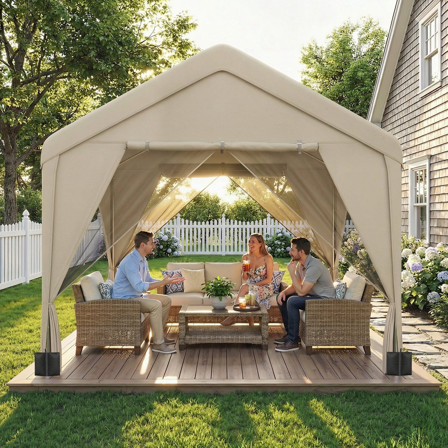 3 x 3 m Patio Gazebo with Netting & Curtains, Outdoor Canopy Shelter with Galvanised Steel Frame, Khaki