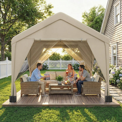 3 x 3 m Patio Gazebo with Netting & Curtains, Outdoor Canopy Shelter with Galvanised Steel Frame, Khaki