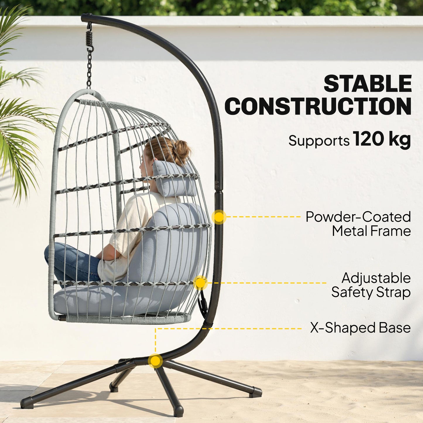 Hanging Egg Chair, Indoor Outdoor Hammock Swing Chair with Stand, Safety Strap, Foldable Basket, Light Grey