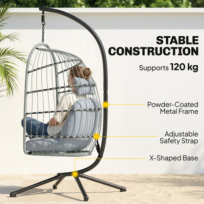 Hanging Egg Chair, Indoor Outdoor Hammock Swing Chair with Stand, Safety Strap, Foldable Basket, Light Grey