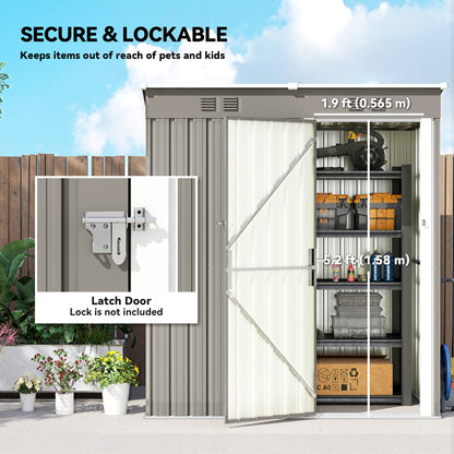 5 x 3 ft Lean-to Garden Shed, Outdoor Storage Shed with Lockable Door and Vents, Light Grey